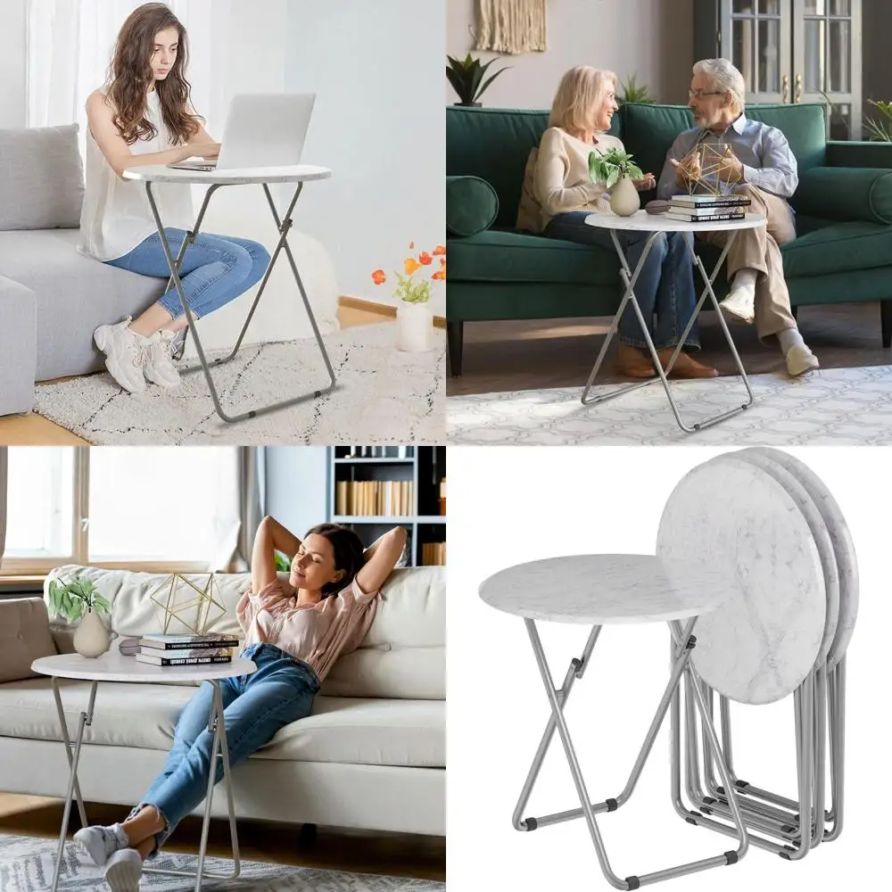 

4-Piece White Marble Round Folding TV Tray Table Set with Sturdy MDF, Portable and Easy Assembly, 17.5 x 17.5 x 26