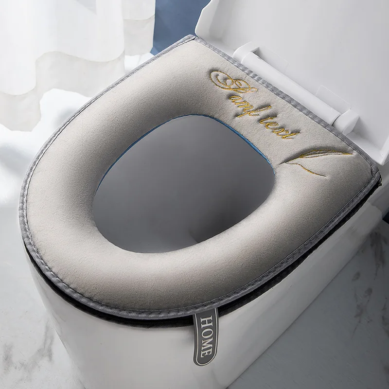 Universal Warm Velvet Toilet Seat Cover, Zipper Flip Lid Handle Tab, Letters Embroidery, Washable, Waterproof Pad, Winter