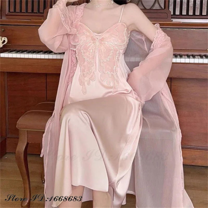 Sexy Long 2PCS Robe Nightgown Set Sequin Butterfly Lace Negligee Home Dressing Gown Spring Autumn Women\'s Sleepwear Lounge Wear