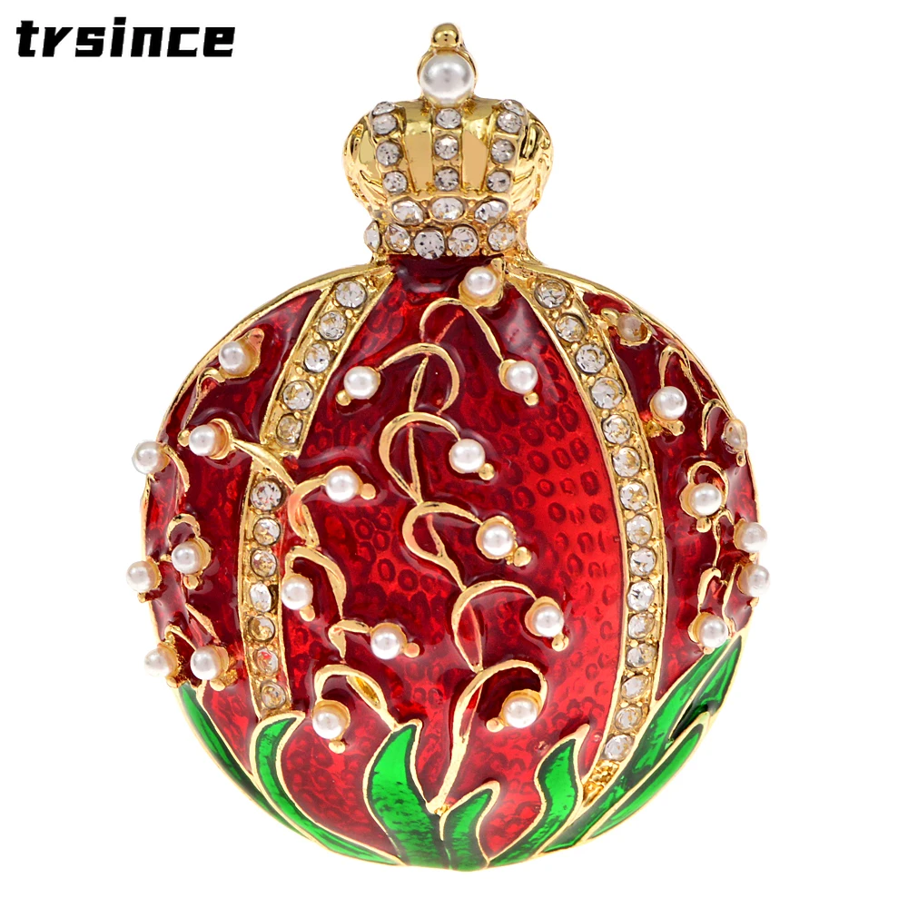 New Enamel Fruit Pomegranate Shape Brooches for Women and Men Cute Rhinestone Crown Design Pearl Brooch Pins Corsage