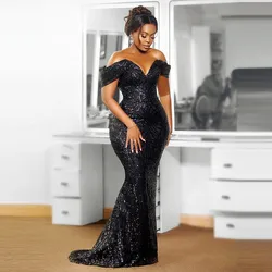 Sequined Black Prom Dresses For African Women Off The Shoulder Aso Ebi Mermaid Evening Dress Shiny Girls Birthday Gowns