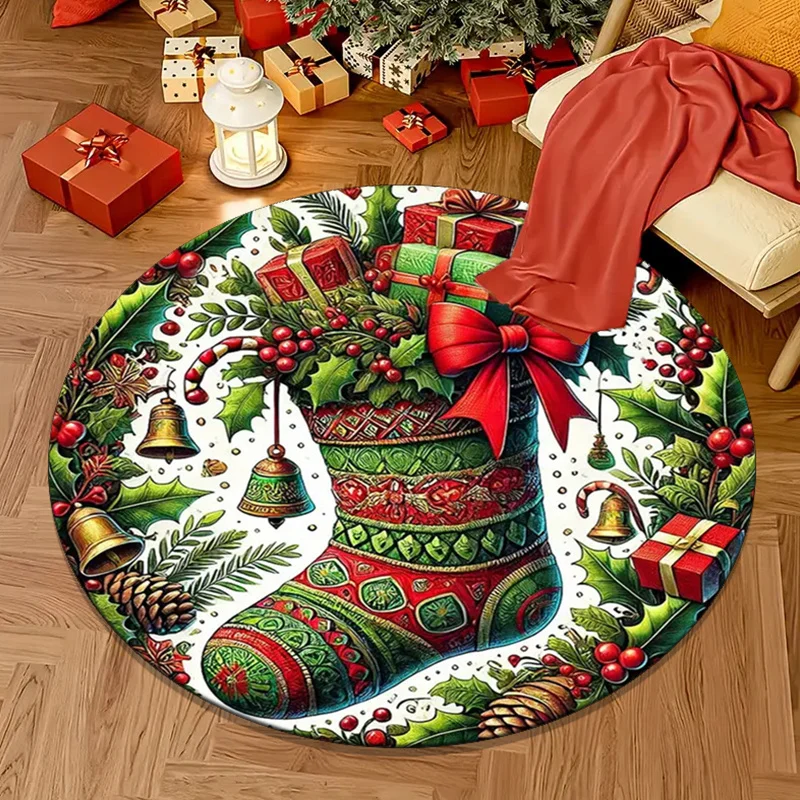 

Christmas Stocking Gift Pattern Round Crystal Velvet Rug Holiday Decoration Floor Mat Xmas Tree Base Red Green Festive Carpet