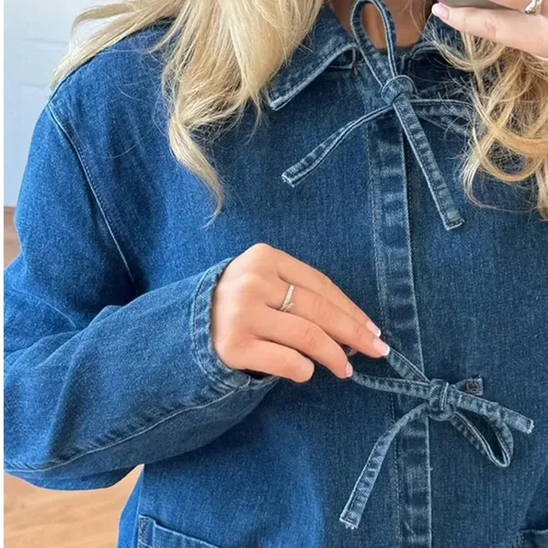 Denim Jacket Women Bow Jacket Polo Collar Long Sleeve  Pullover Jacket With Denim Ties England Style Pocket Thin Outdoor Coats