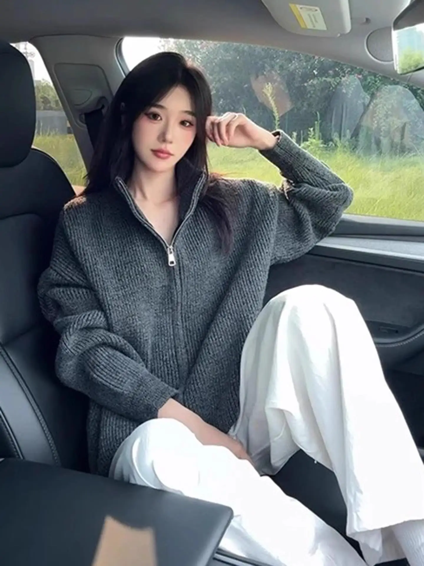 

American Retro f High Collar Sweater Cardigan ex Casual Versatile Knitted Top for Autumn Cleanfit Loose Fit Long Sve