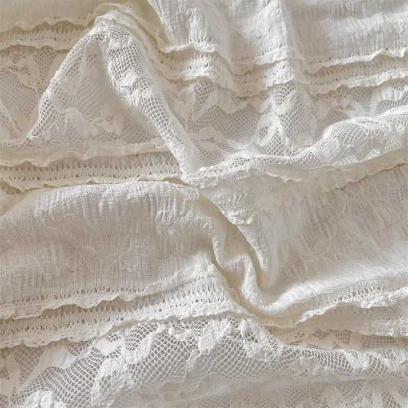 

Pleated lace polyester fabric for dress, white layered lace elastic tablecloth fabric