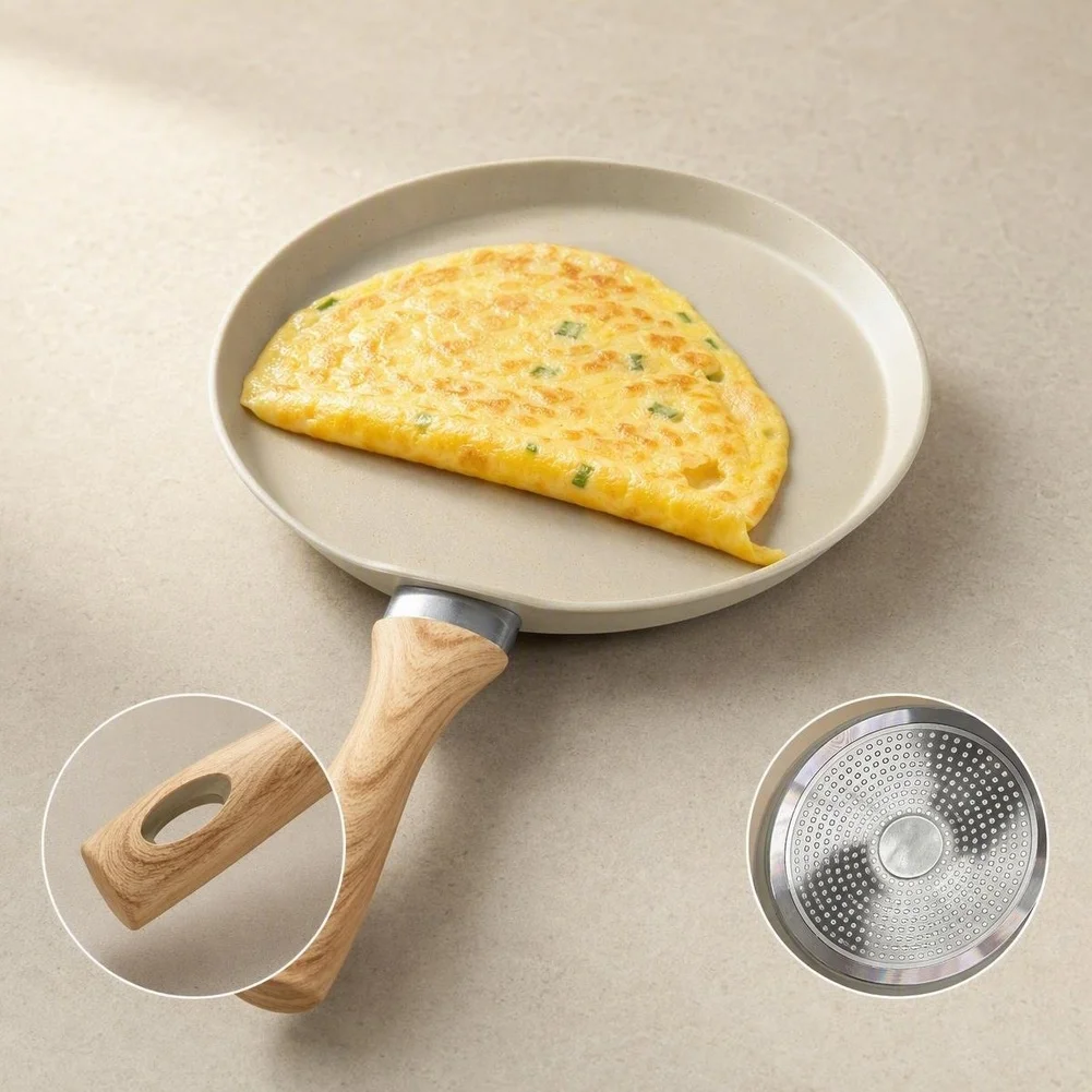 Stone Coated Aluminum Frying Pan with Wooden Handle for Home Cooking Applications Including Pizza Baking Pancake Frying