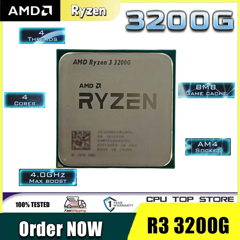 Procesador AMD Ryzen 3 3200G de 4 Núcleos y 4 Subprocesos, DDR4, 12NM, L3=4M, 3.6GHz, 65W, Socket AM4, R3 3200G, Sin Ventilador
