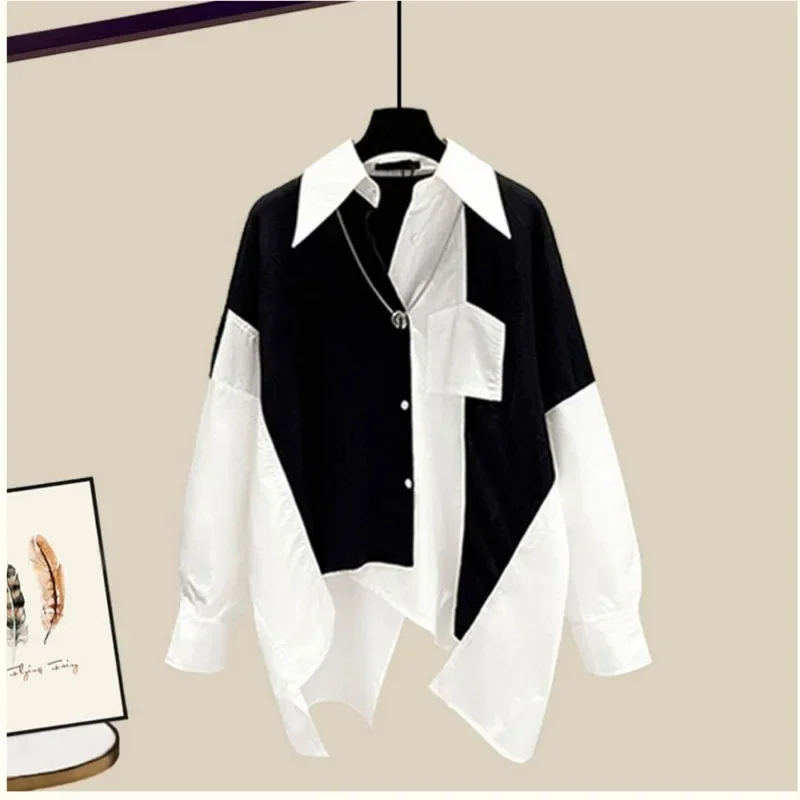 

Patchwork Contrast Irregular Loose Blouse Spring Long Sleeve Asymmetrical Casual Shirt Tops Fashion Women Clothing JJ756