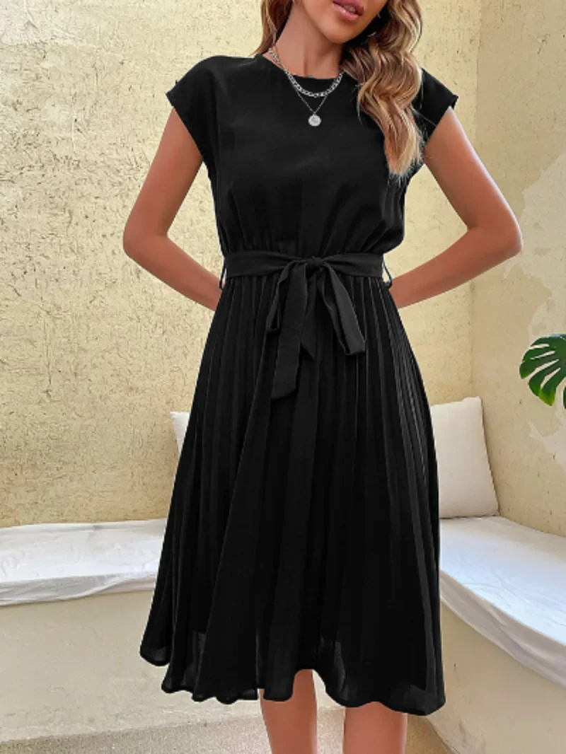 

Elegant Women Summer Soild Colour O Neck Tunic Dresses Fashion Casual Beach Sundress Short Sleeve Pleated Midi Dress