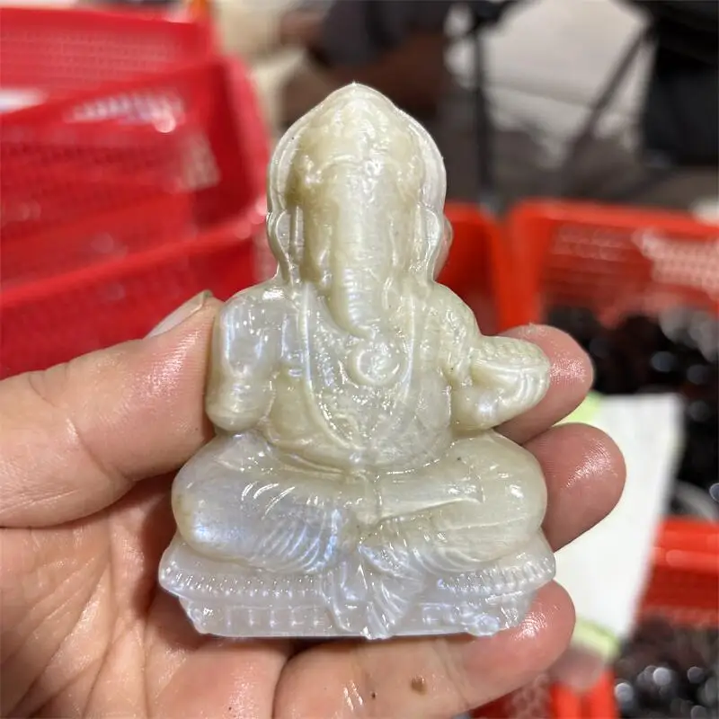 1PCS Natural Moon Stone Ganesha Carving Quartz Crystal Healing Reiki Gemstones Home Decor Carved Ganesha Healing Reiki Gemstone