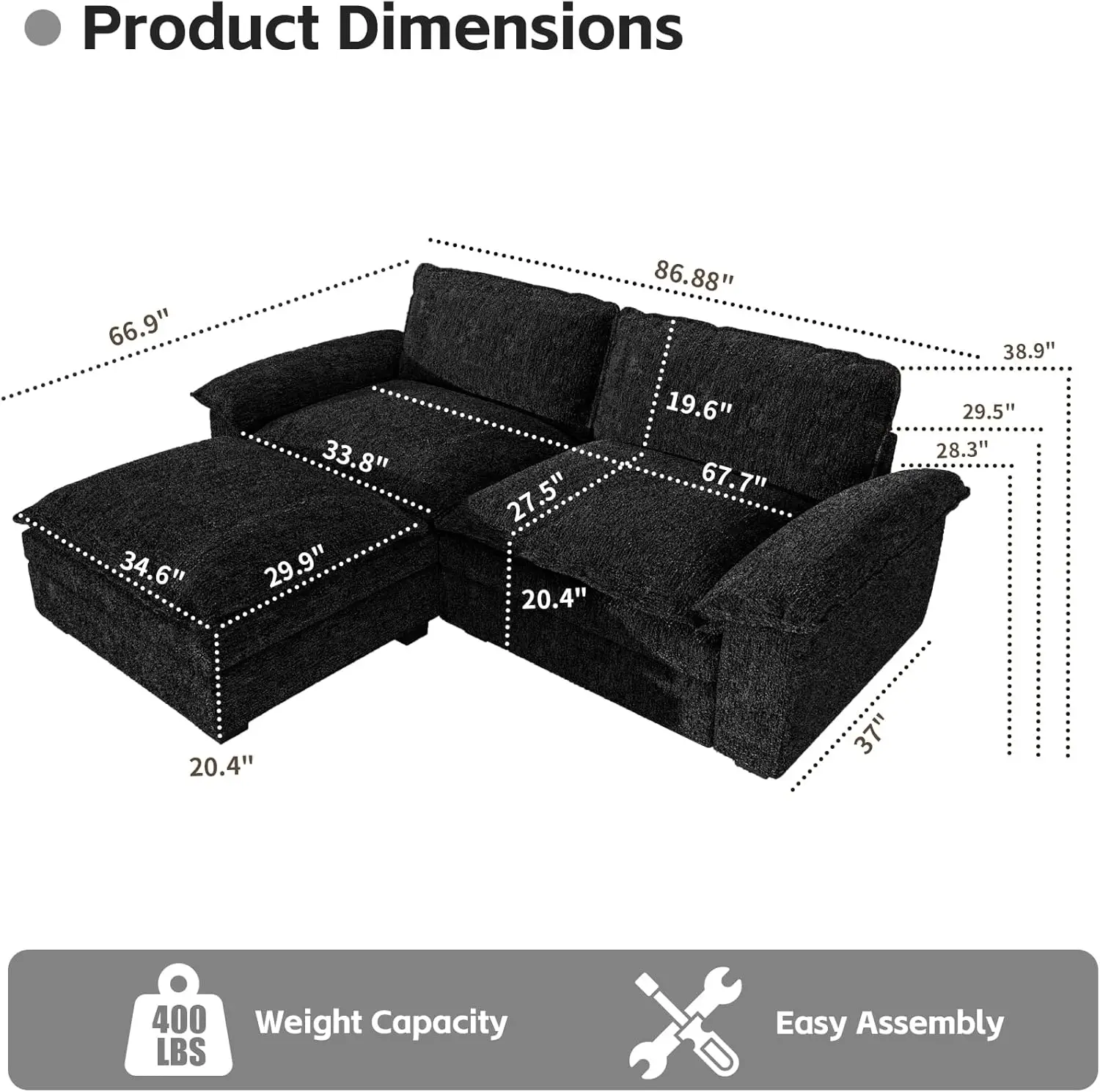 Mestyl 2 Seat Sectional Sofa, Couch With 2 Movable Ottoman, Chenille Modular Sofa With Removable Pillows And Layer Cushions,