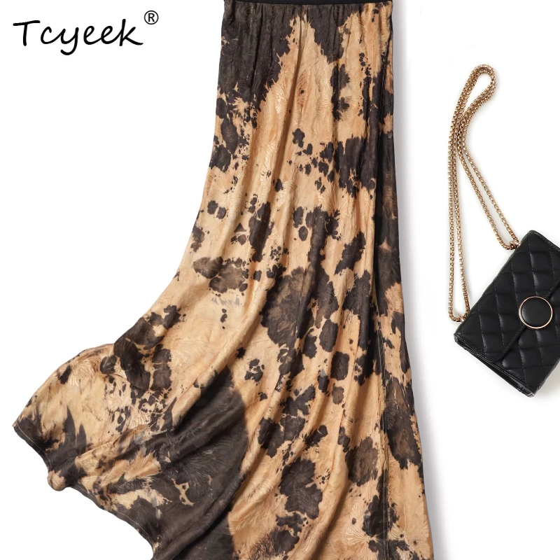 

Tcyeek 100% Real Mulberry Silk Summer Thin Ink Wash Color Slimming A-line Wrapped Buttocks Fish Tail Mid Length Women Skirt スカート