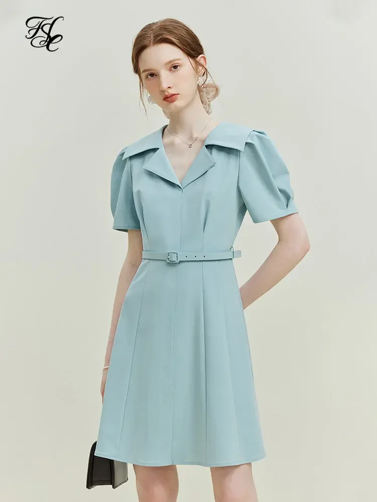FSLE Turn-Down Collar Solid Office Lady Summer Knee-Length Dresses Puff Sleeve Temperament Short Dress For Women 【With Belt】