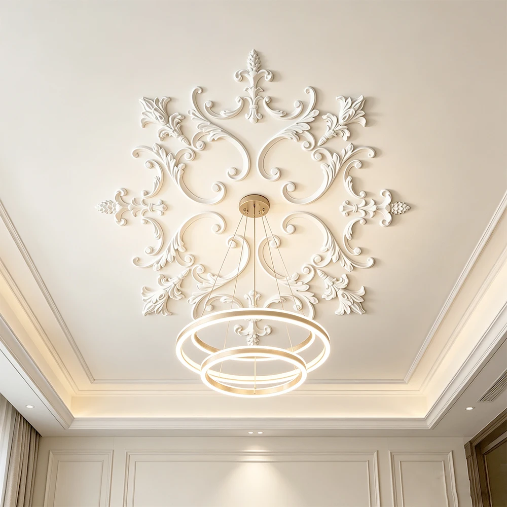 Segmented French PU Ceiling Medallion, Lightweight Ceiling Rose Decor, Paintable Ceiling Ornament for Chandelier and Ceiling Fan