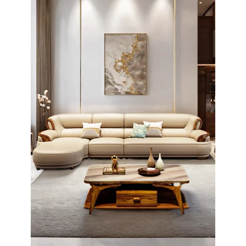 New Chinese-style Ebony Leather Sofa Corner First Layer Cowhide Modern Simple Solid Wood Light Luxury Living Room