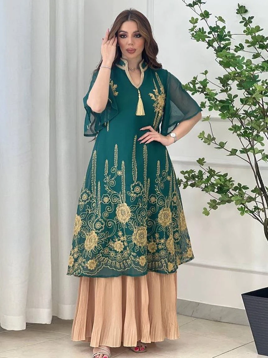 Eid Women Stand Collar Dress Abaya Muslim Party Dresses Ramadan Embroidery Abayas Caftan Kaftan Mesh Pleated Vestidos Robe Dubai