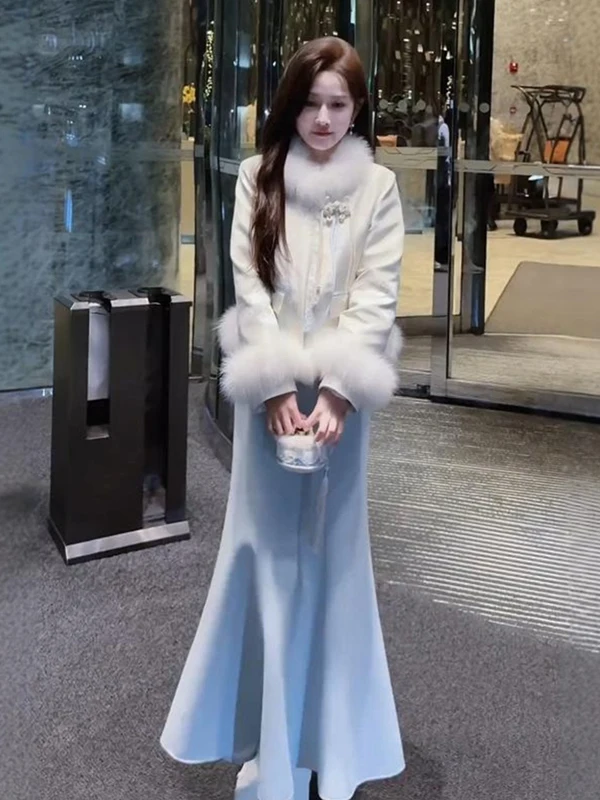 

Blue Tailored f-length Skirt Women's Faion Retro Sle Long Qipao Dr Low Slit Daily Wear Polyester Fiber Winter New A...