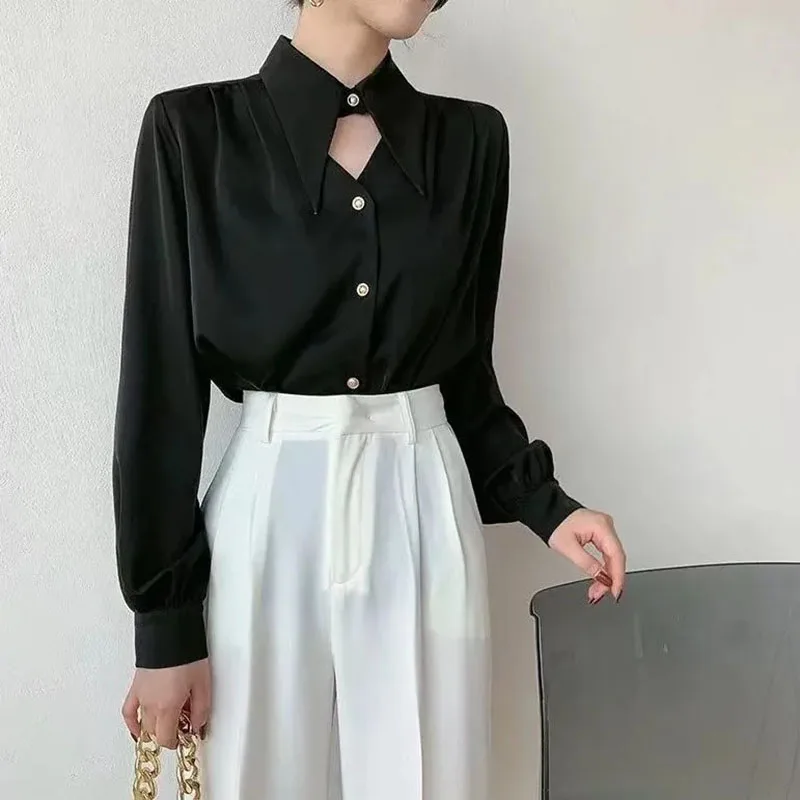 Satin Hollow Out Lapel Neck Shirt Spring Summer Women Casual Solid Single Breasted Shirts Lady Korean Wild Long Sleeves Blouses