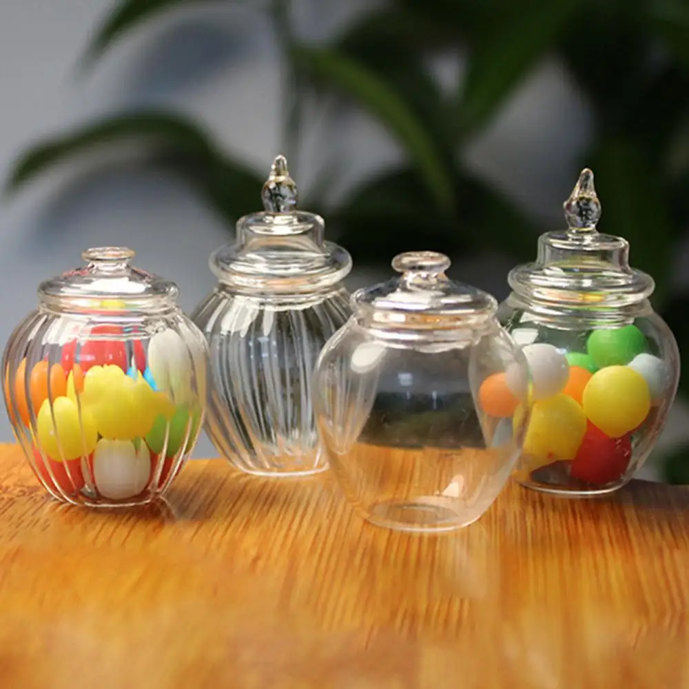 1Pc Dollhouse Candy Jar Smooth Mini Glass Candy Bottle Dollhouse Miniature Simulation Model Toys Storage Can Home Accessories