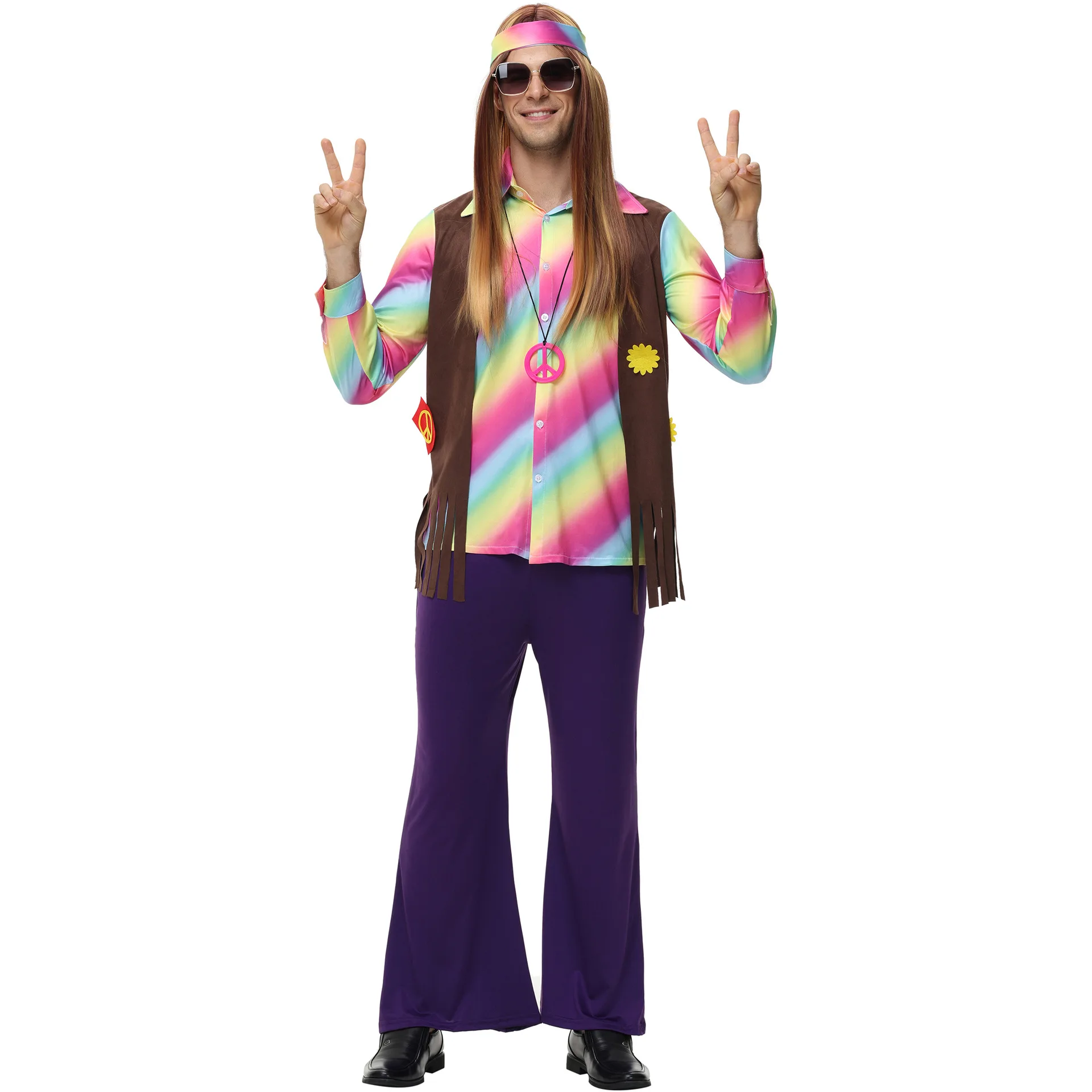 Conjunto de disfraz de hippie de los años 60 y 70 para hombre, camisa de arcoíris, pantalones acampanados, disfraz retro de hippie para adultos, ideal para Halloween, carnaval, fiestas y cosplay.