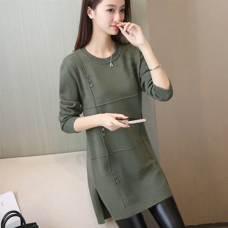 

2023 New Autumn Winter Long Knit Sweater Dress Pullover Women Long-Sleeve Bead Loose Femmes Thicken Jumper Clothes Female