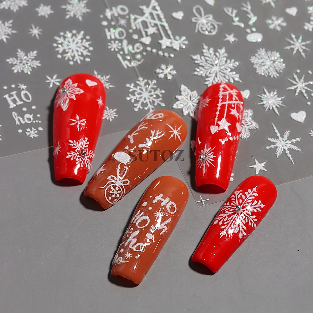 Pegatinas holográficas de copos de nieve para uñas, envolturas de manicura con purpurina plateada, estrellas de nieve, ciervo, campanas, deslizadores, decoraciones de Navidad e invierno, LEBF894