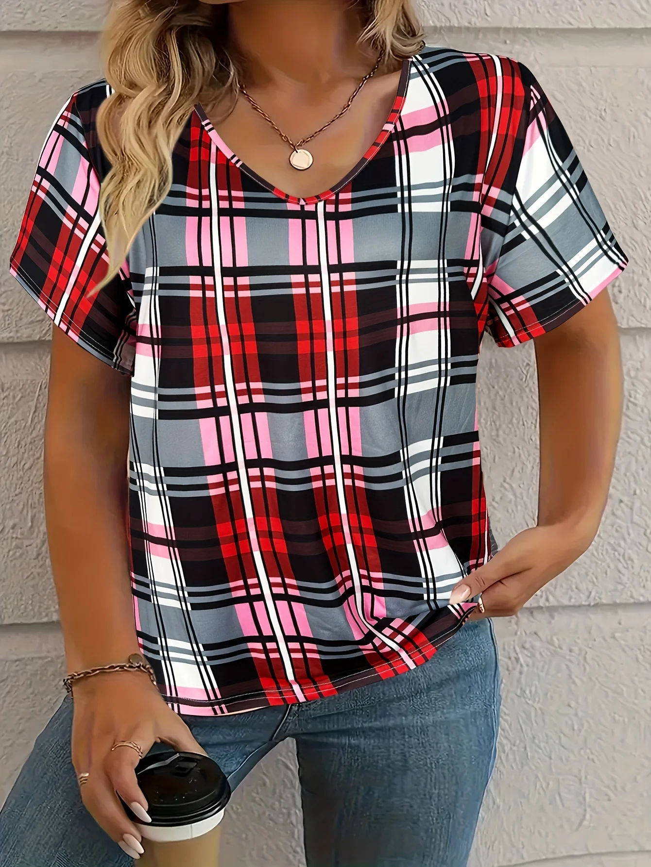 

T-shirt women's summer leisure elegant simple v-neck short sleeve red plaid top loose casual wear ladies T-shirt