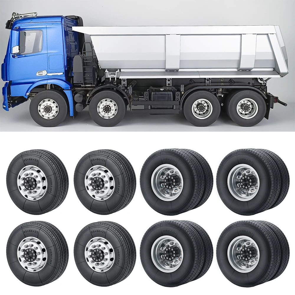 TRINOOD Tamiya 8x8 Wheel Tires Front & Rear Complete Set for 1/14th RC Truck Tractor Trailer Engineering Long Vehicle Parts