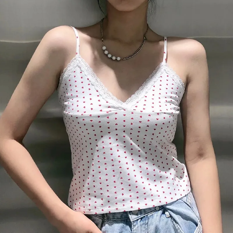 

PUWD Women White Lace Tanks 2022 Spring Fashion Ladies Vintage Slim V Neck Sweet Sling Camis Girls Cute Red Love Y2K Crop Tops