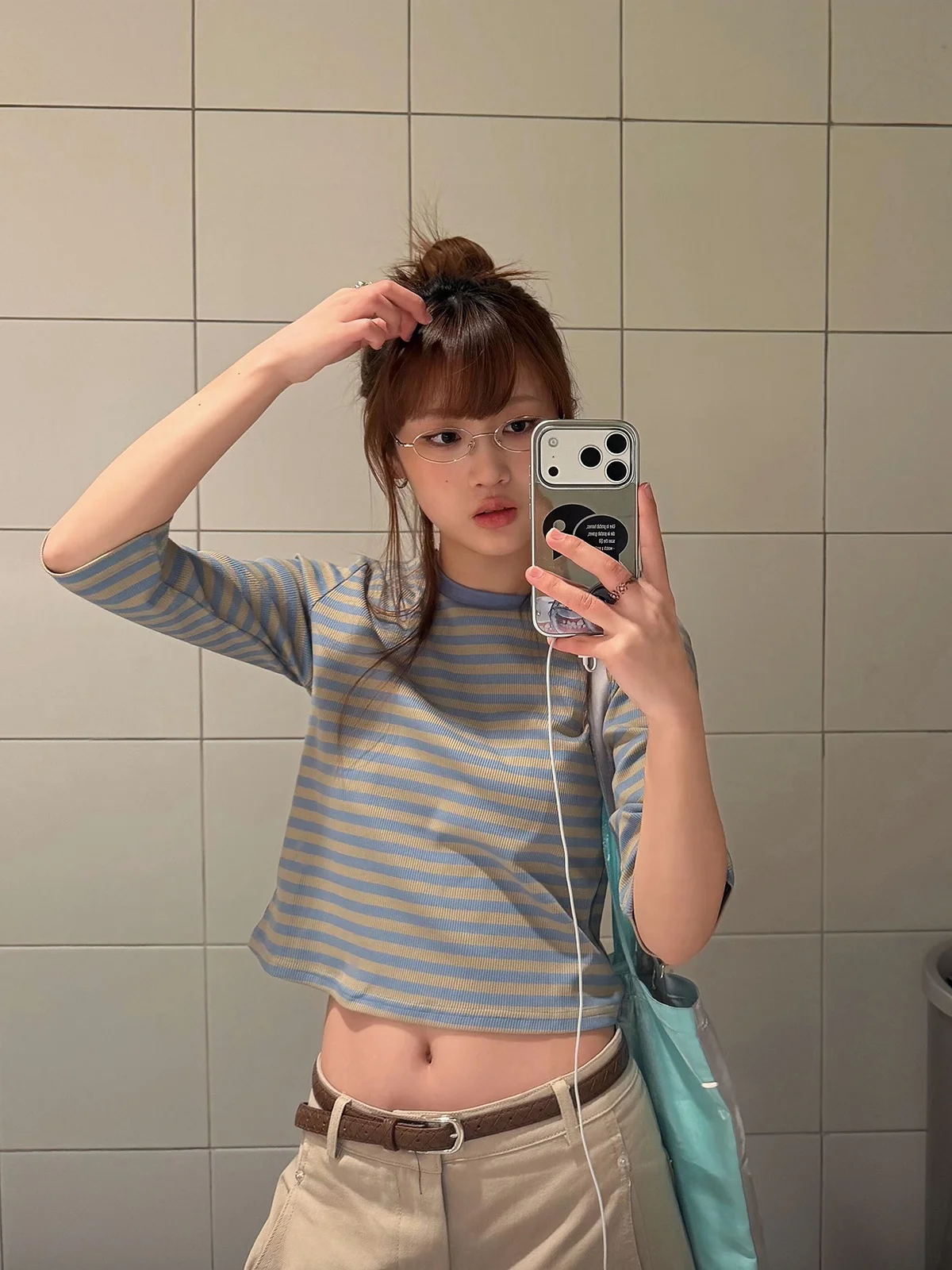 Slim Fit Striped round Neck Short Sleeve T-Shirt Sakura Korean Style Casual Shirt Color Block Shoulder Length Cotton Top