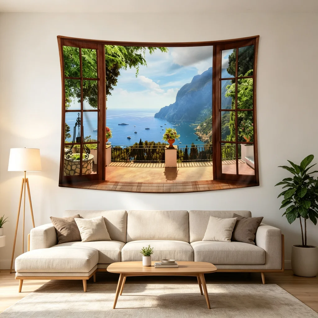 1PC Window Ocean View Print Backdrop Banner, Bedroom Living Room Photo Background, Polyester Wall Hanging, Home Decor, Wall Art