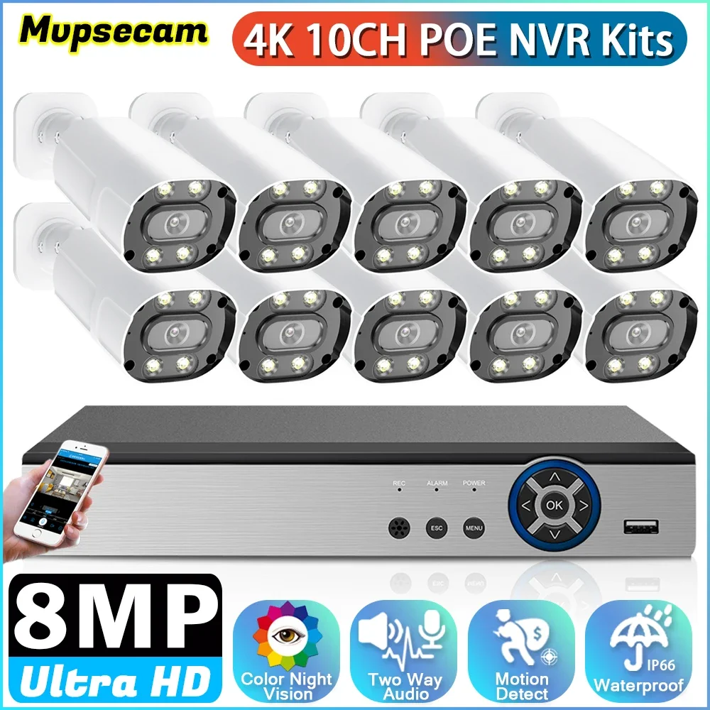 10CH NVR 4K 8MP Poe Security Camera System Two-Way Audio Auto Focus Lens 3.6mm Vedio Surveillance Cameras Kit Ourdoor CCTV Set