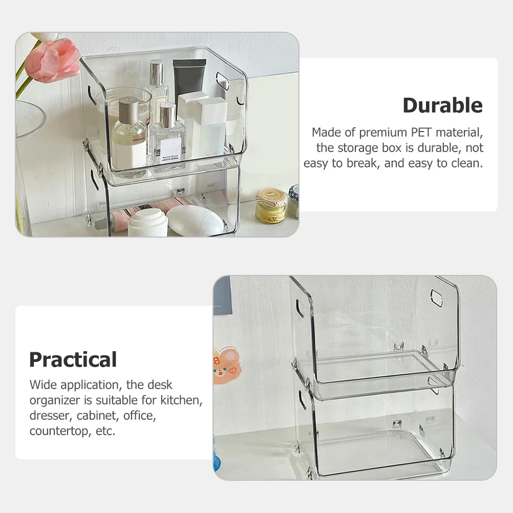 

2pcs Desktop Storage Organizer Transparent Box For Cosmetics Makeup Sundries Stackable Handle Home Office Bedroom Clear