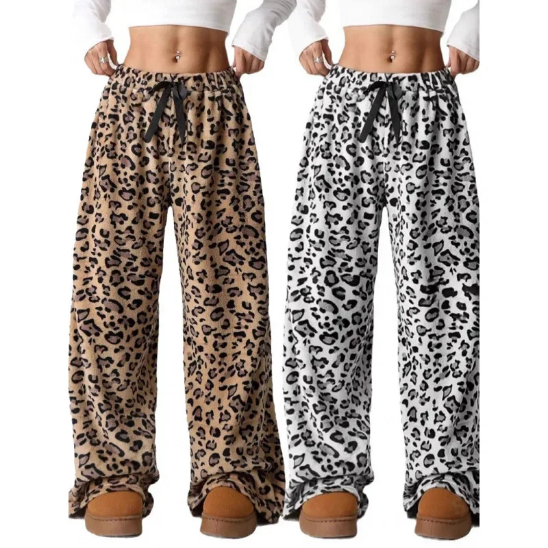 

Women Autumn Winter Trouser Pants High Waist Wide Leg Pants Leopard Print Color Lace-up Casual Fashion Comfortable Regular Fit
