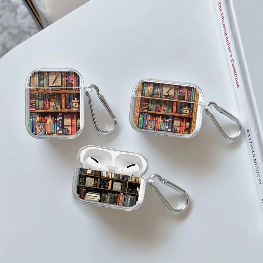 

Clear Earphone Cases Cover Case For Airpods 4 2 3 1 Pro Pro3 Pro2 Cartoon Bookshelf Print
