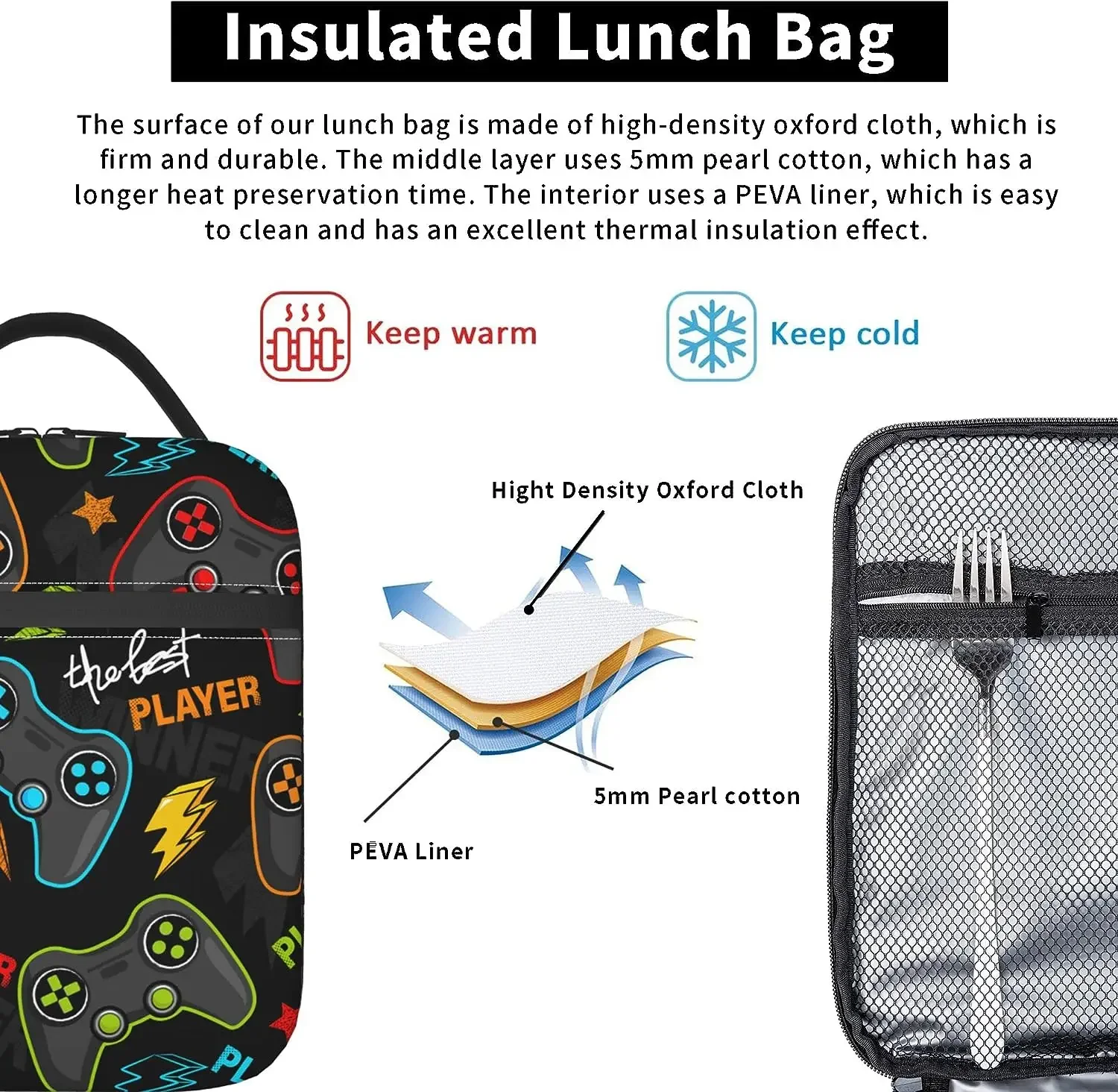 Video Game Controller Insulated Lunch Bag Reusable Lunch Box Portable Thermal Bento Tote for Adults Kids Work School Picnic