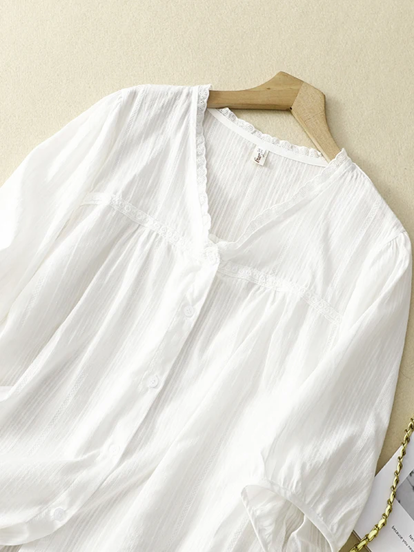 White Pleated Short Sleeve V-Neck Shirt Thin Lace Trim Brand Tailored Women's Casual Fashion Summer Shirt Loose Fit Pure Color