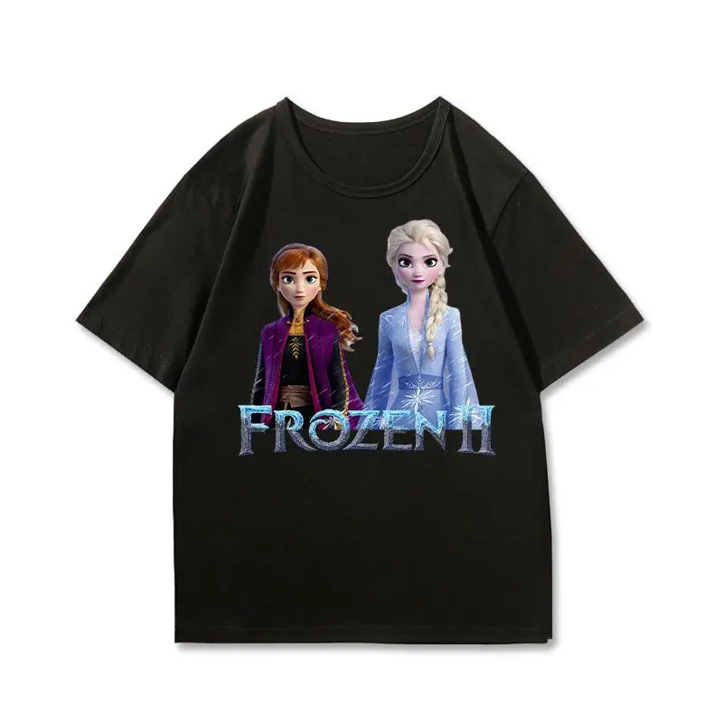 ديزني فروزن 2 أسود تي شيرت النساء الاطفال 2025 الصيف ملابس علوية من القطن إلسا آنا أولاف سفين كريستوف مجموعة الأزرق الجليد خلفية الذهب