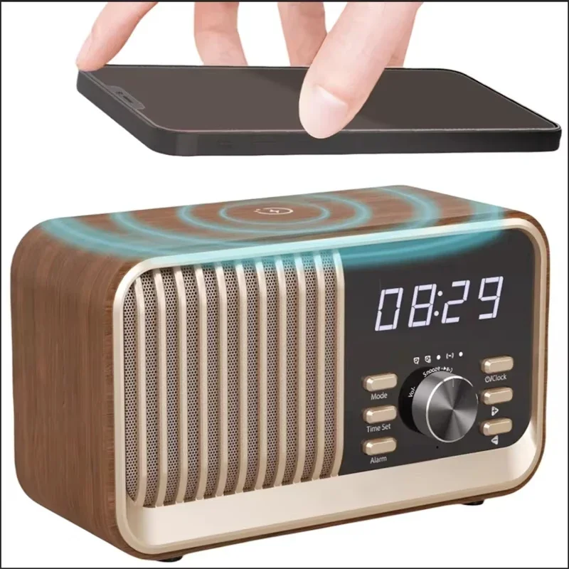 Retro Multifunction 6 in 1 Wireless Charger Speakers Bluetooth Hifi Sound Quality FM Radio with Alarm Clock Support AUX/USB/TF