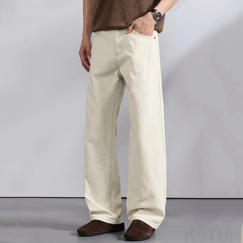 

Men's Loose Straight Jeans Khaki 2026 Spring 100% Cotton Male Denim Pants Americian Vintage Khaki Long Trousers Streetwear