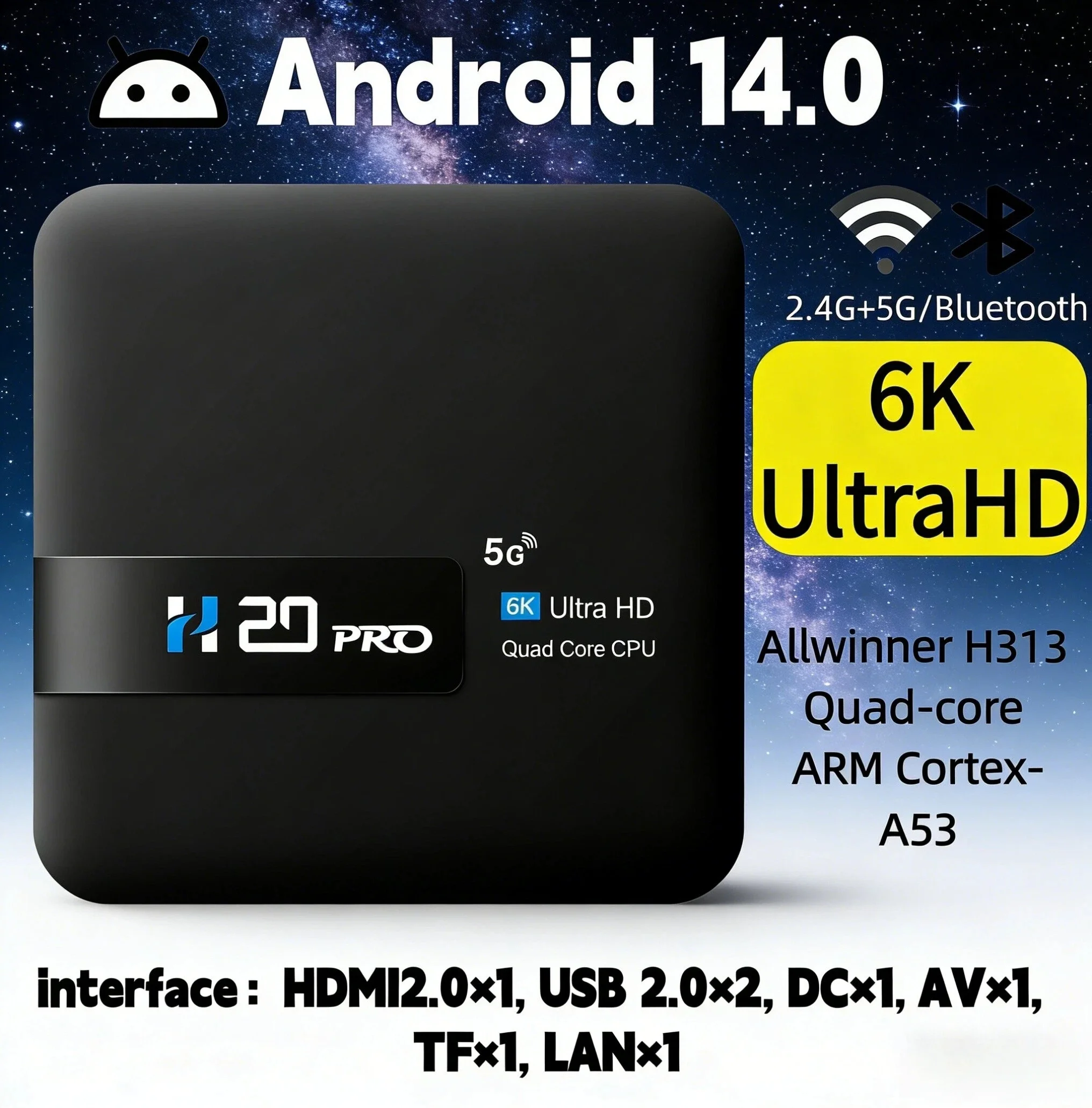 H20PRO TV Box Android 14 Rockchip RK3518 Quad Core 4K UHD Wireless Media Player Set Top Box Dual WiFi BT5.0 Smart TV Player
