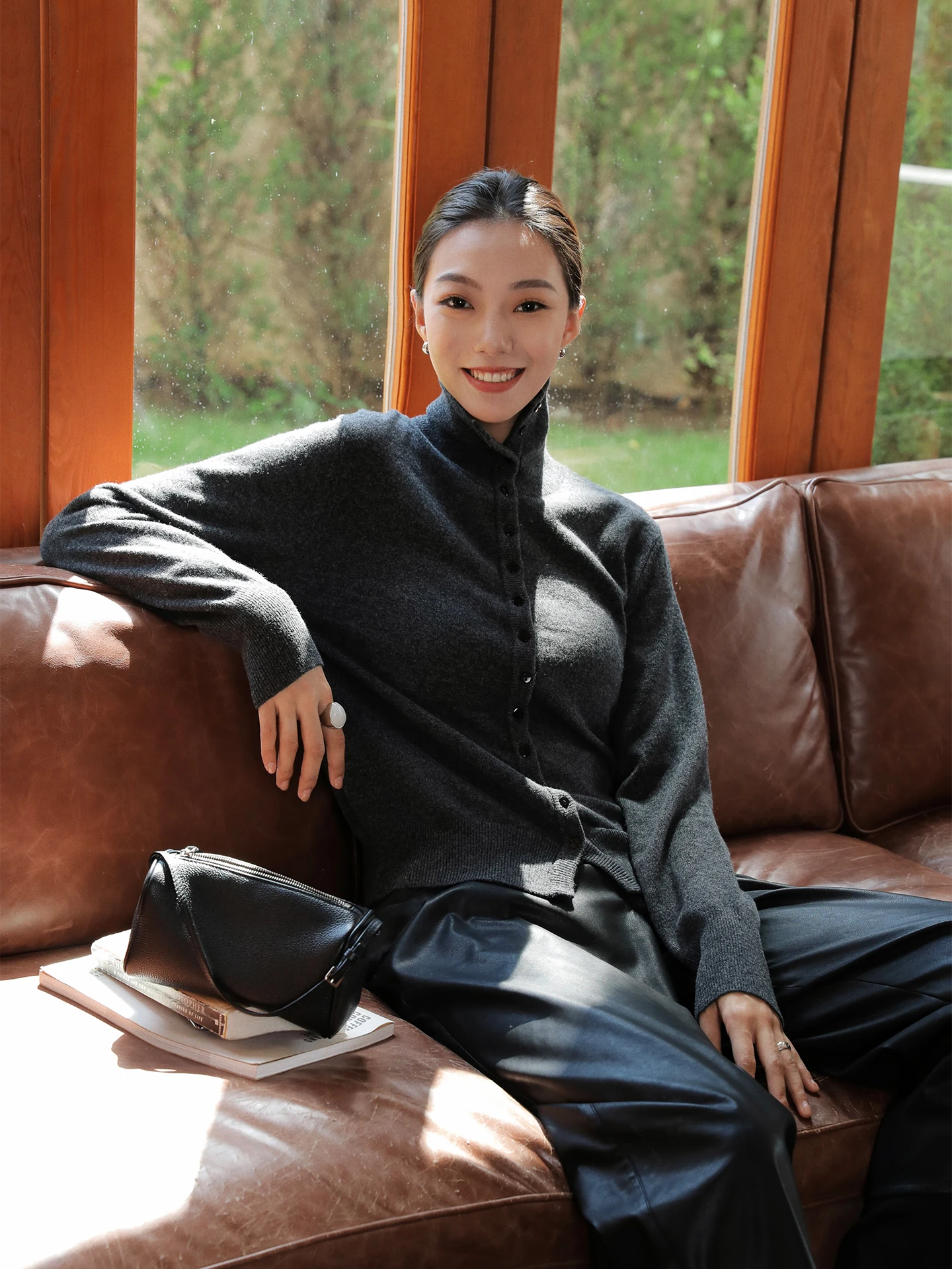 

Pure Wool High Collar Knitted Sweater Coat Women's ell Button Casual Sle Slim Fit Long Sve Autumn Winter Faion