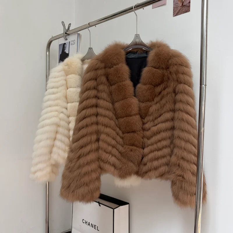 QIXHFUR Real Fox Fur Coat Winter Women'S Fashion Brown Big Fur Collar Woman Fur Coat Natural New Fox Fur Coats Jackets Outerwear