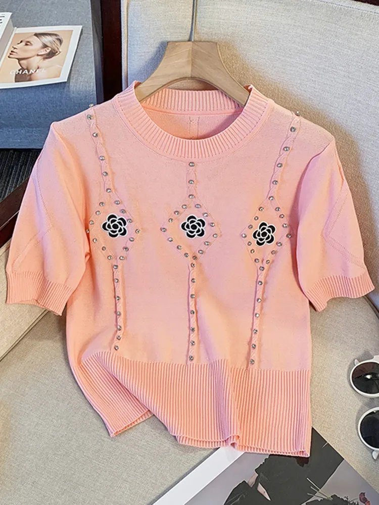 Summer Knitted Short-sleeved Tshirt Female 2024 New Flowers Embroidery Diamonds Sweet Thin Sweater Women Crop Tops