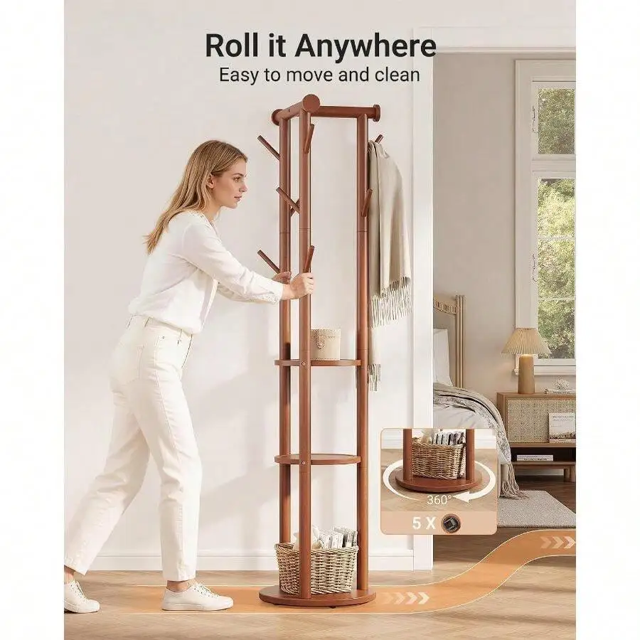 Solid Wood Freestanding Coat Rack With 5 Wheels, 9 Hooks, Shelves 100% Pine Wood, 5 Smooth-Rolling Wheels, 3-Tier Storage Shelve