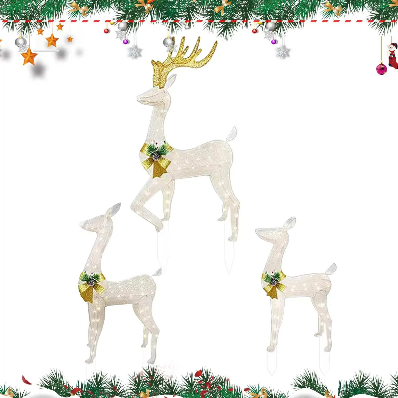 Christmas Decoration Stakes 3 Pieces Weatherproof LED Insertion Yard Reindeer Holiday Decoration For Family Home Holiday Ground