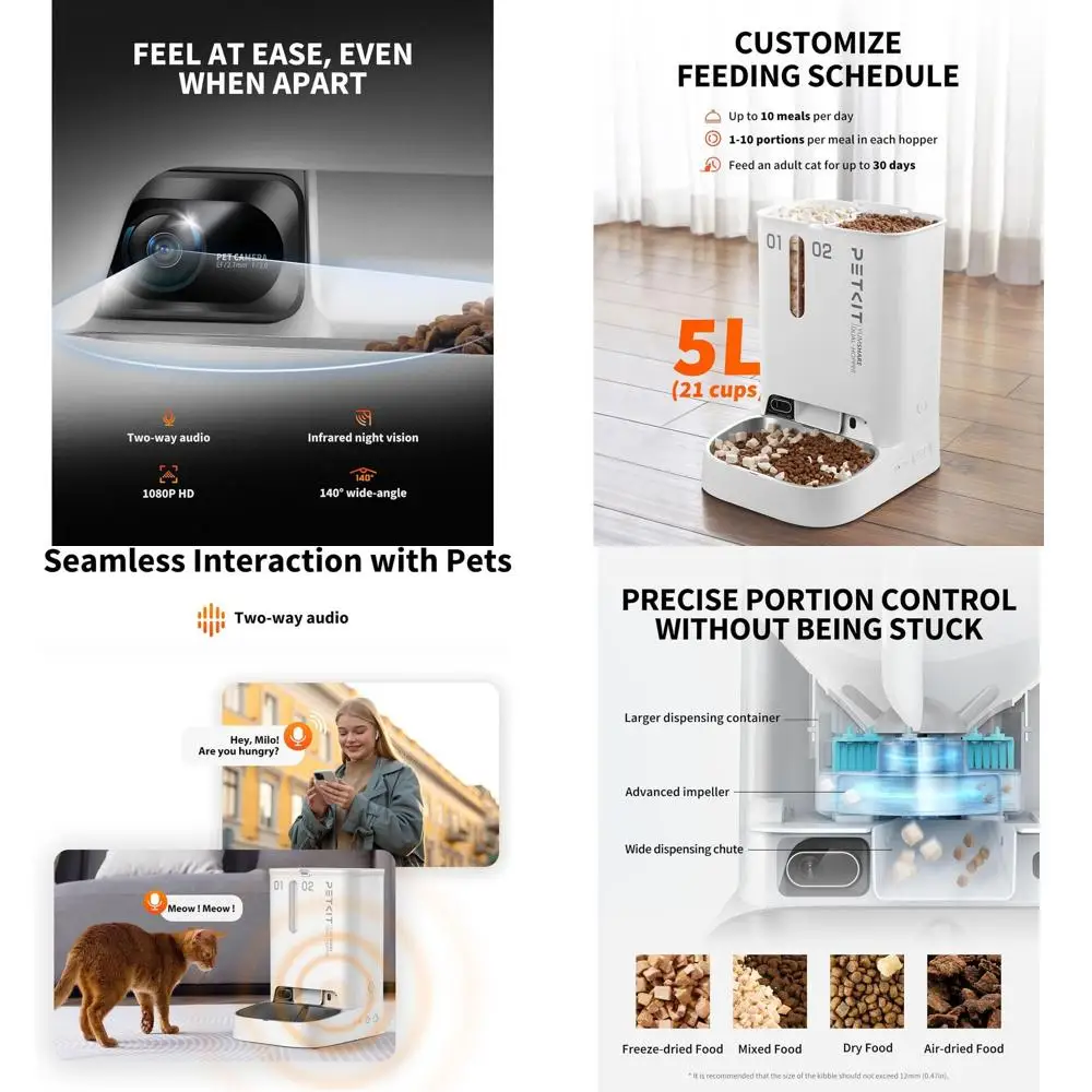 Smart Pet Feeder with HD Camera, AI Motion Detection, 1080P Night Vision, WiFi, 2-Way Audio, Dual Hopper Dispenser, and Desiccan