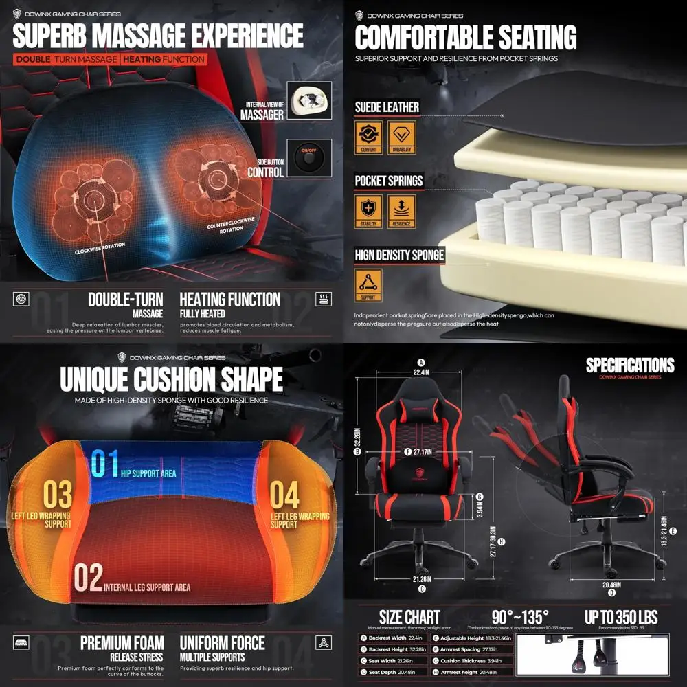 Ergonomic Massage Lumbar Support Gaming Chair with Heated Seat, Pocket Spring Cushion and Footrest for Comfortable Gaming Experi