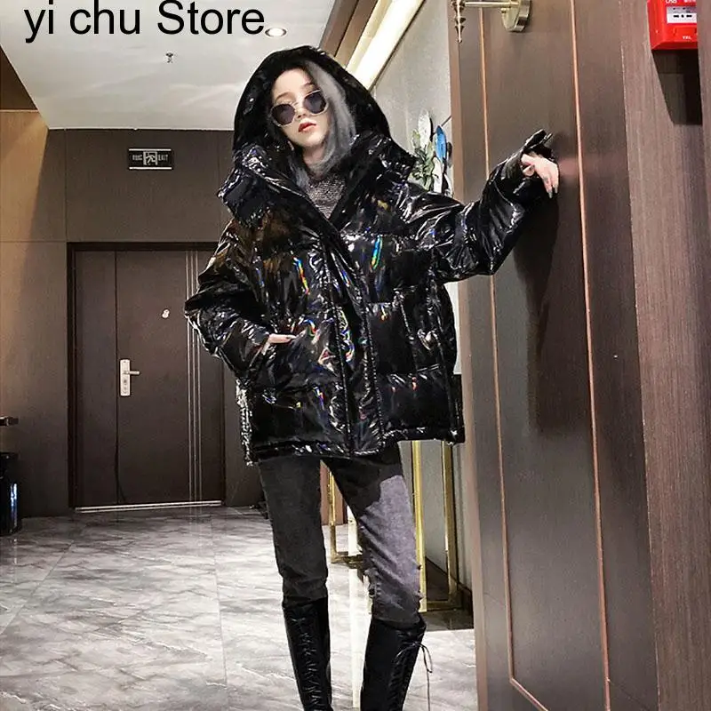 Doudoune à Capuche Brillante en Coton Rembourré pour Femme, Parka Chaude, Optique, Noir Brcorporelle, Nouvelle Mode, Hiver