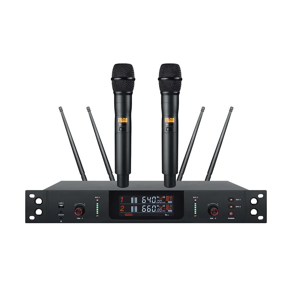 Micrófono inalámbrico certificado UHF de 2 canales True Diversity XLR auriculares de mano Clip Lavalier Dy namic Material metálico para